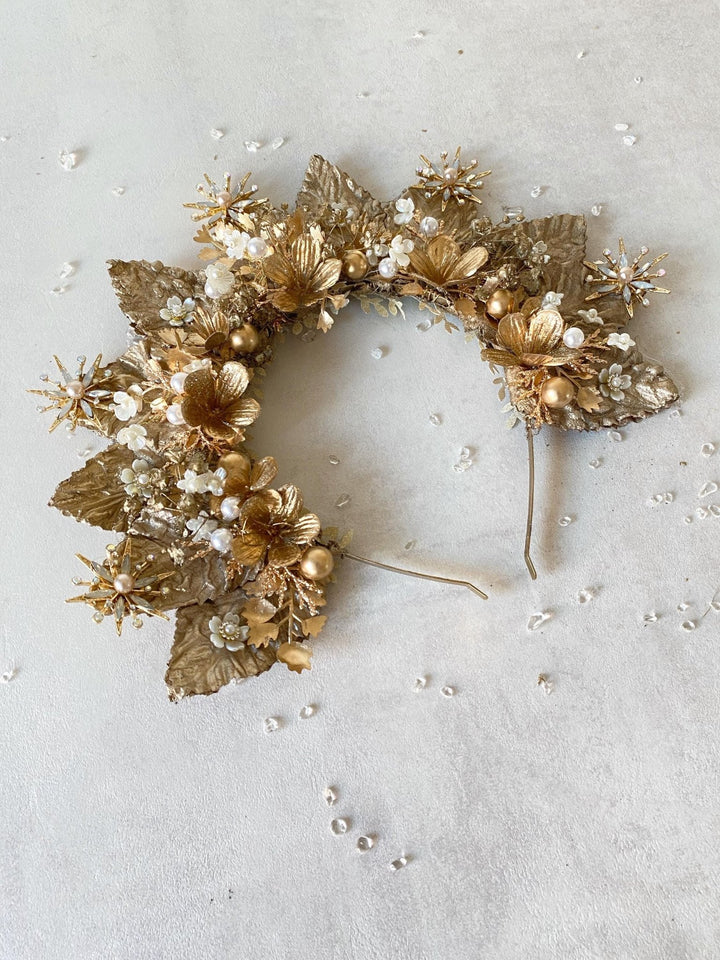 Gold Halo Crown: Luxury Bridal Headpiece, Couture Wedding – handmade floral hair accessory by magaela