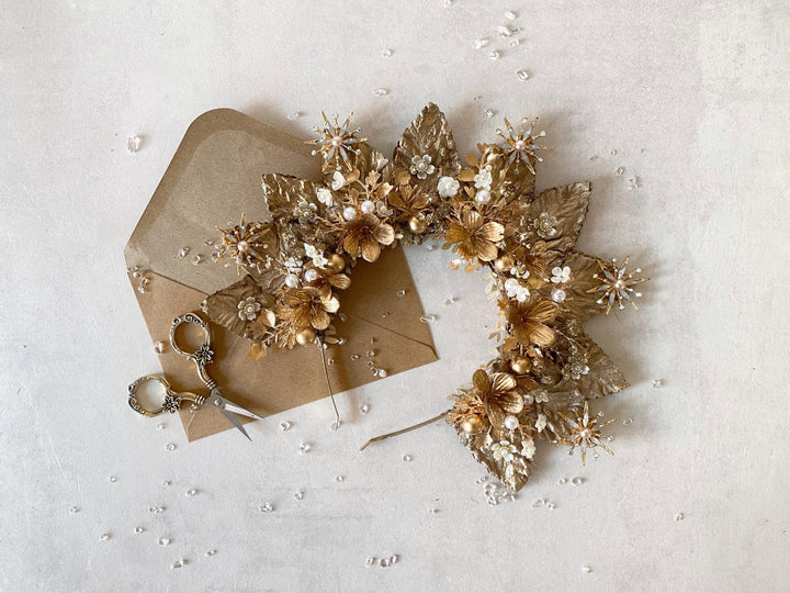 Gold Halo Crown: Luxury Bridal Headpiece, Couture Wedding – handmade floral hair accessory by magaela