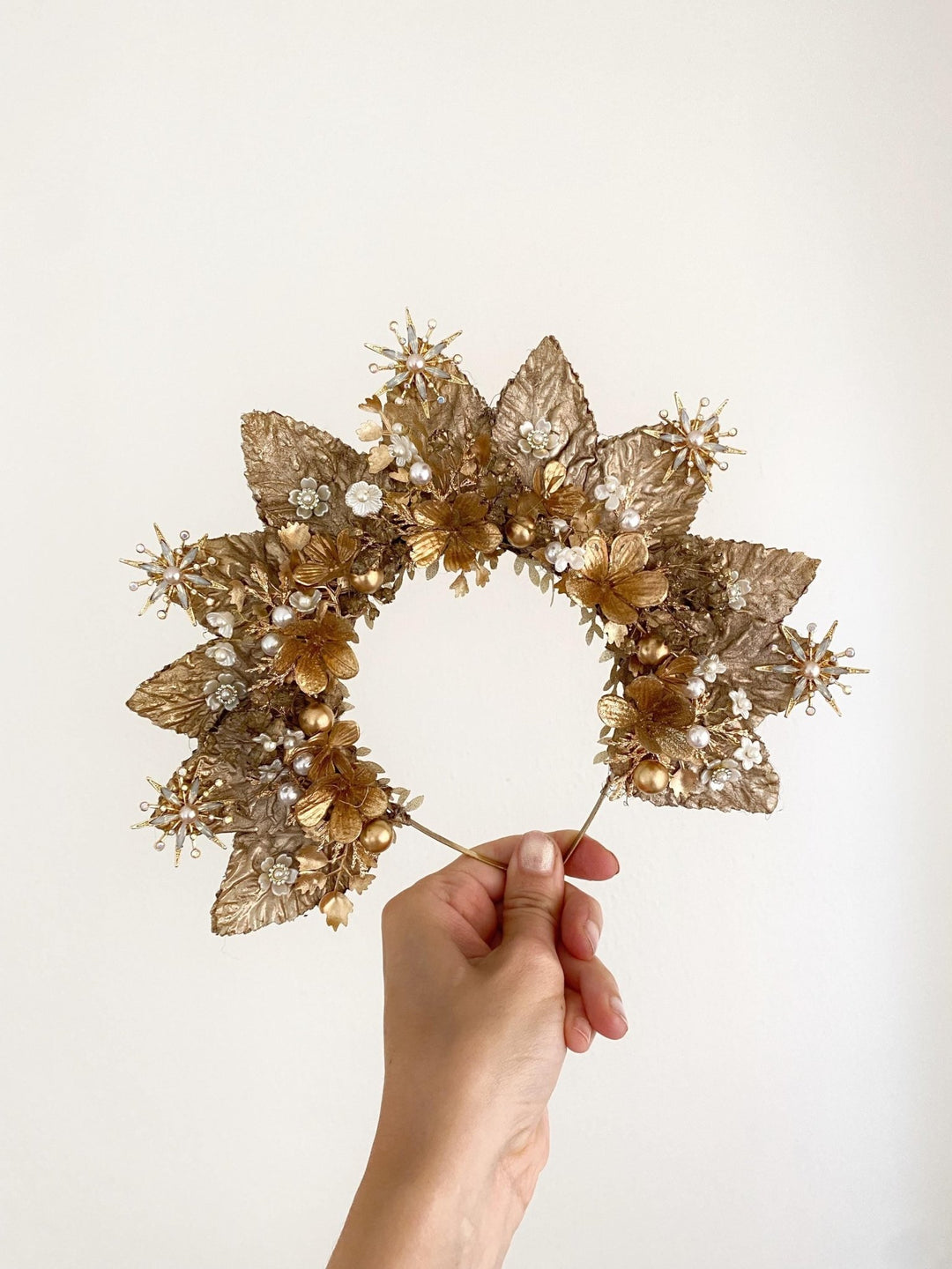 Gold Halo Crown: Luxury Bridal Headpiece, Couture Wedding – handmade floral hair accessory by magaela