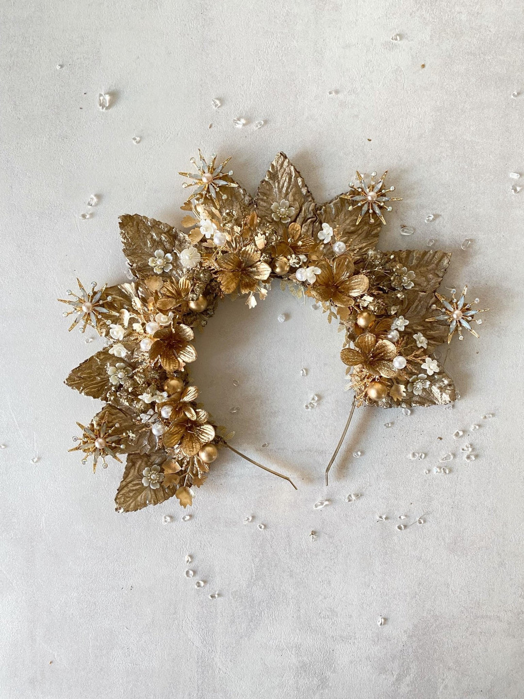 Gold Halo Crown: Luxury Bridal Headpiece, Couture Wedding – handmade floral hair accessory by magaela