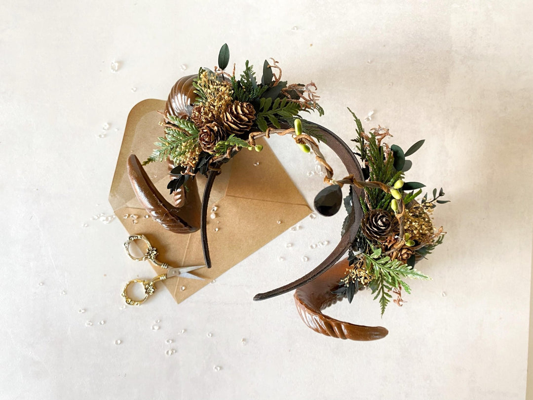 Woodland Horn Headband & Tiara – Pagan Costume Headpiece for Samhain, Halloween, Fantasy Weddings – handmade floral hair accessory by magaela