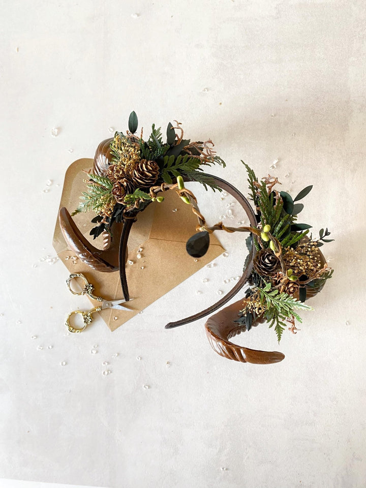 Woodland Horn Headband & Tiara – Pagan Costume Headpiece for Samhain, Halloween, Fantasy Weddings – handmade floral hair accessory by magaela