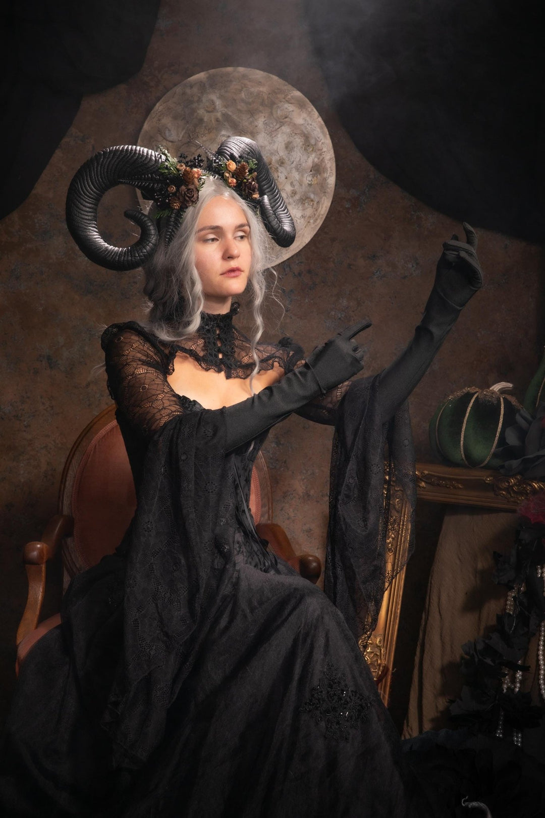 Woodland Horned Crown: Mutton Horn Headpiece, Fairycore Headband – handmade floral hair accessory by magaela