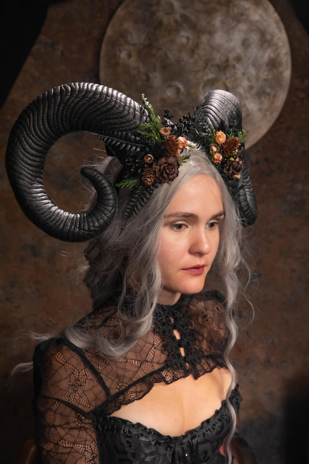 Woodland Horned Crown: Mutton Horn Headpiece, Fairycore Headband – handmade floral hair accessory by magaela