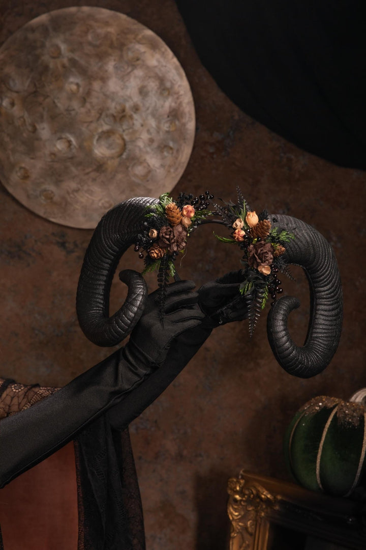 Woodland Horned Crown: Mutton Horn Headpiece, Fairycore Headband – handmade floral hair accessory by magaela