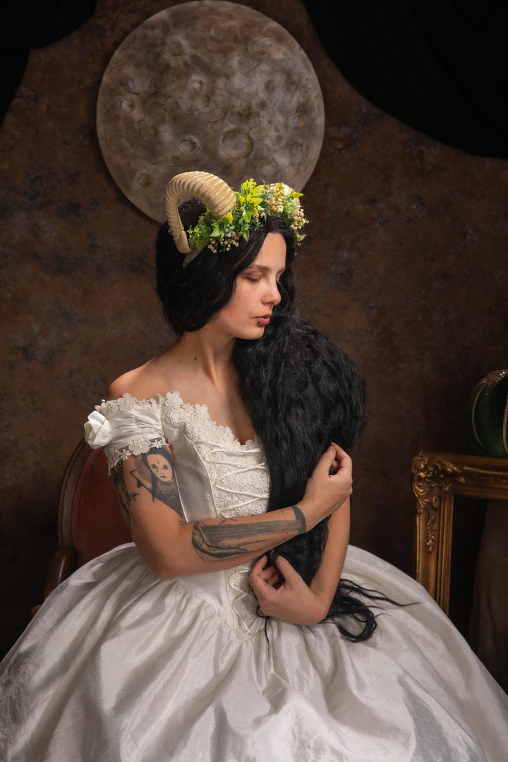 Greenery Horns Crown: Handmade Fairycore Headband – handmade floral hair accessory by magaela