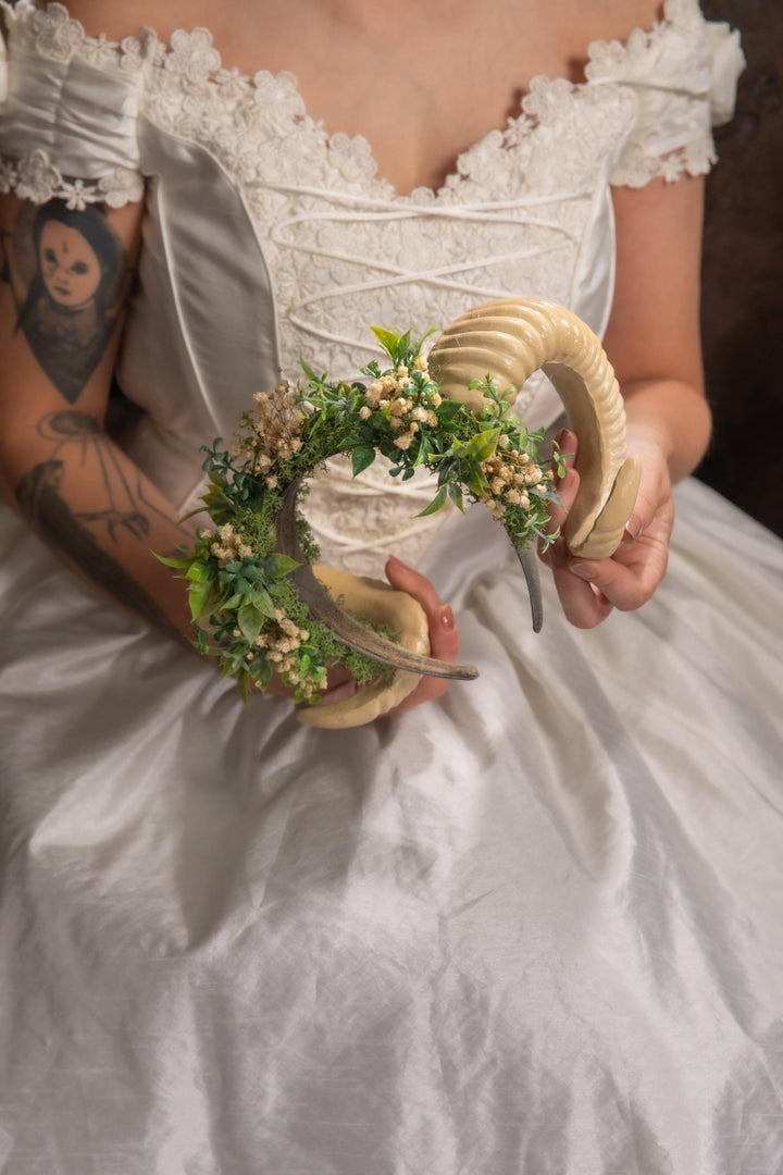 Greenery Horns Crown: Handmade Fairycore Headband – handmade floral hair accessory by magaela
