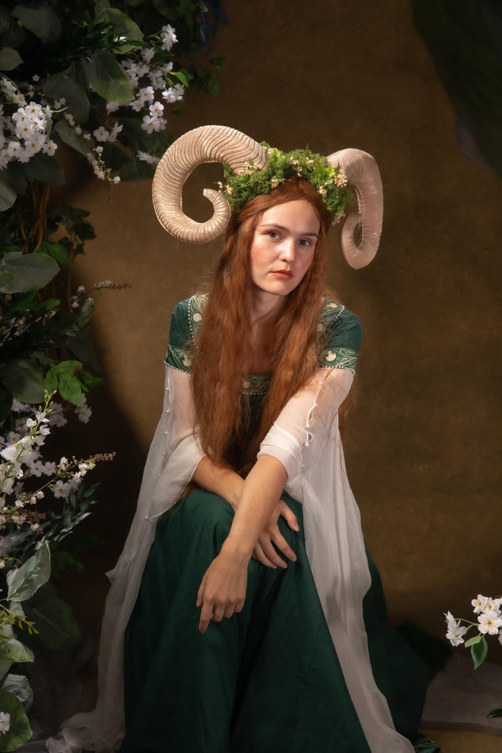 Greenery Witch Headband: Ram Horns Crown - Fairycore Pagan Cosplay – handmade floral hair accessory by magaela