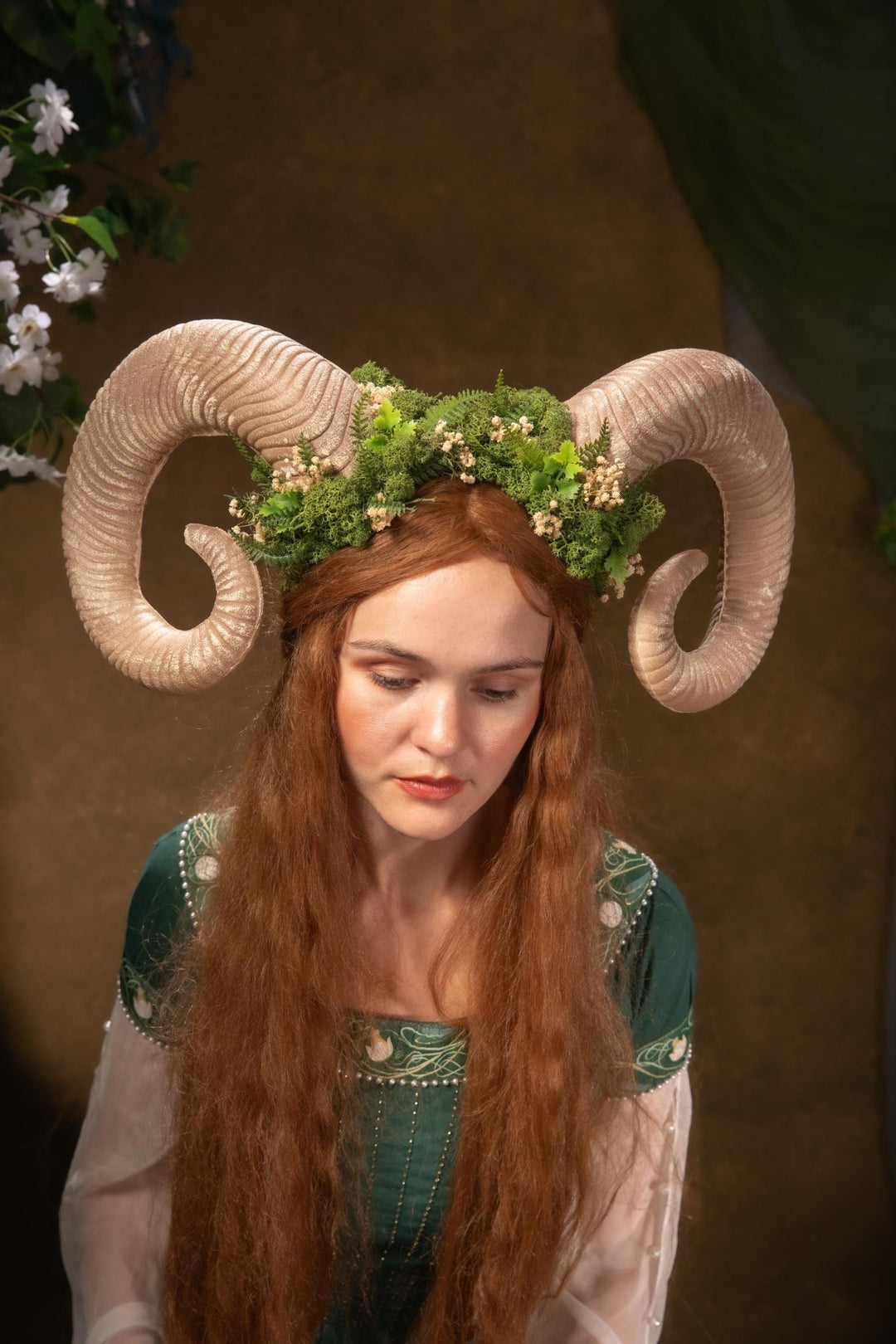 Greenery Witch Headband: Ram Horns Crown - Fairycore Pagan Cosplay – handmade floral hair accessory by magaela