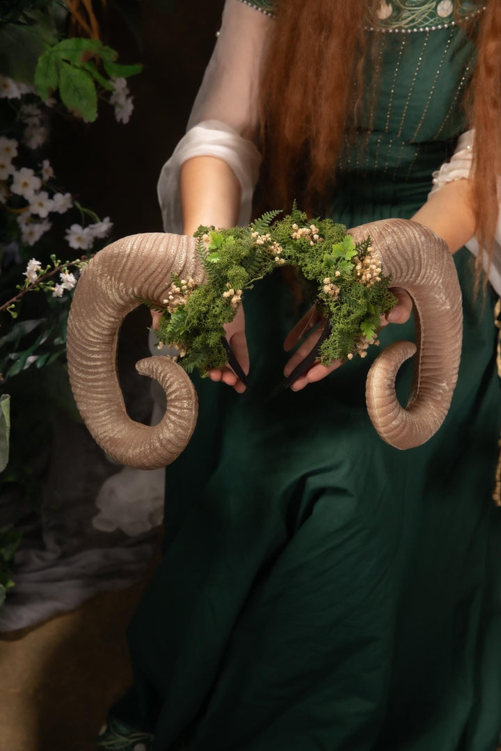 Greenery Witch Headband: Ram Horns Crown - Fairycore Pagan Cosplay – handmade floral hair accessory by magaela