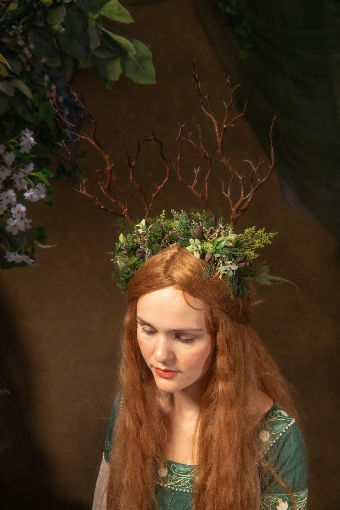 Woodland Antler Crown: Greenery Fairy Headband – handmade floral hair accessory by magaela
