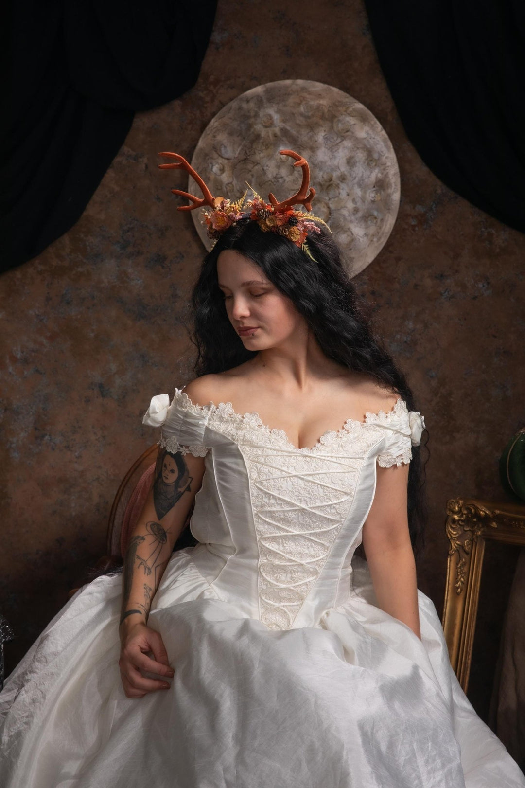 Antler Headpiece: Cinnamon Pumpkin Halloween Crown, Samhain Fairy Design – handmade floral hair accessory by magaela