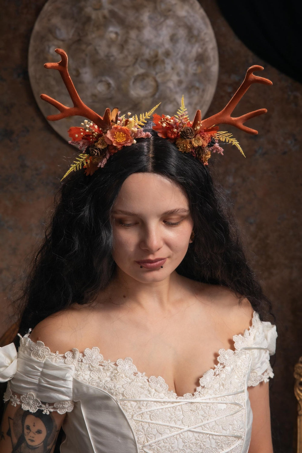 Antler Headpiece: Cinnamon Pumpkin Halloween Crown, Samhain Fairy Design – handmade floral hair accessory by magaela