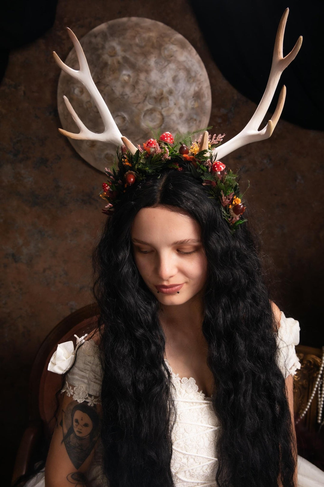 Mushroom Antler Headpiece: Woodland Fairycore Crown – handmade floral hair accessory by magaela