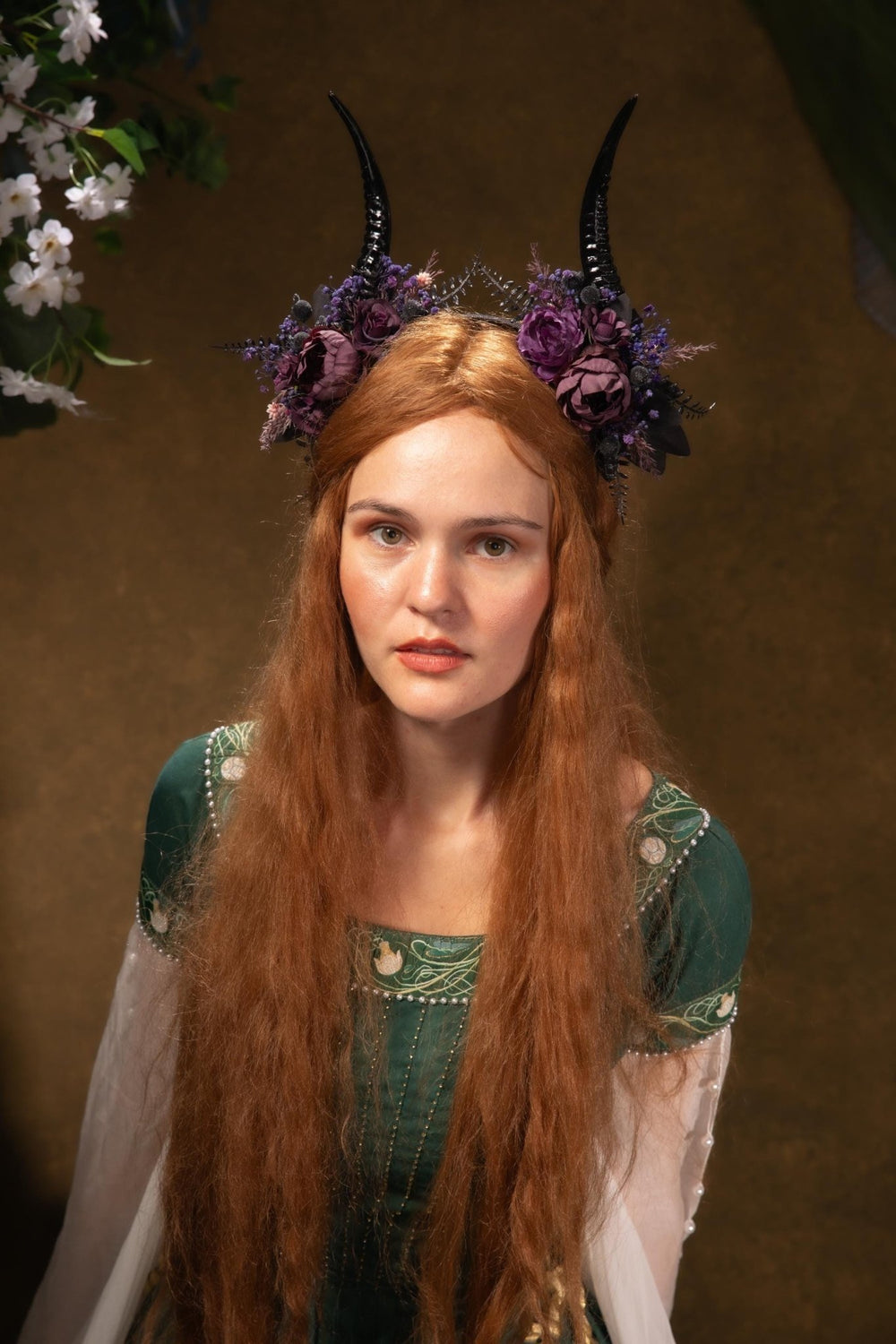 Purple Horns Flower Crown: Gothic Witch Headpiece, Pagan Samhain – handmade floral hair accessory by magaela