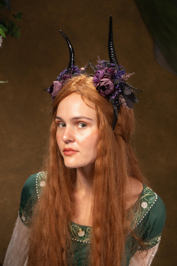 Purple Horns Flower Crown: Gothic Witch Headpiece, Pagan Samhain – handmade floral hair accessory by magaela