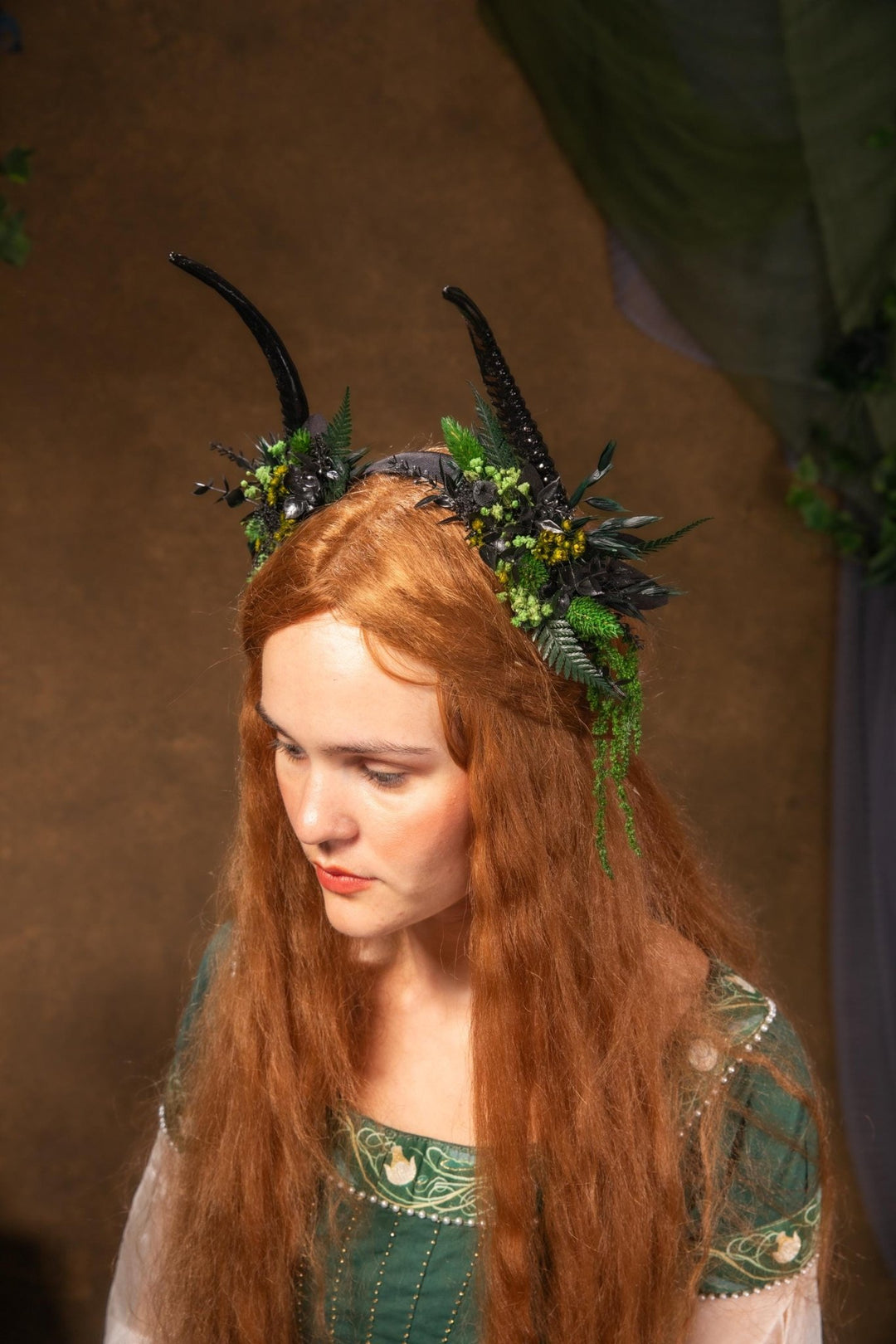 Black Horns Crown: Fern & Woodland Headpiece - Pagan Wicca Samhain – handmade floral hair accessory by magaela