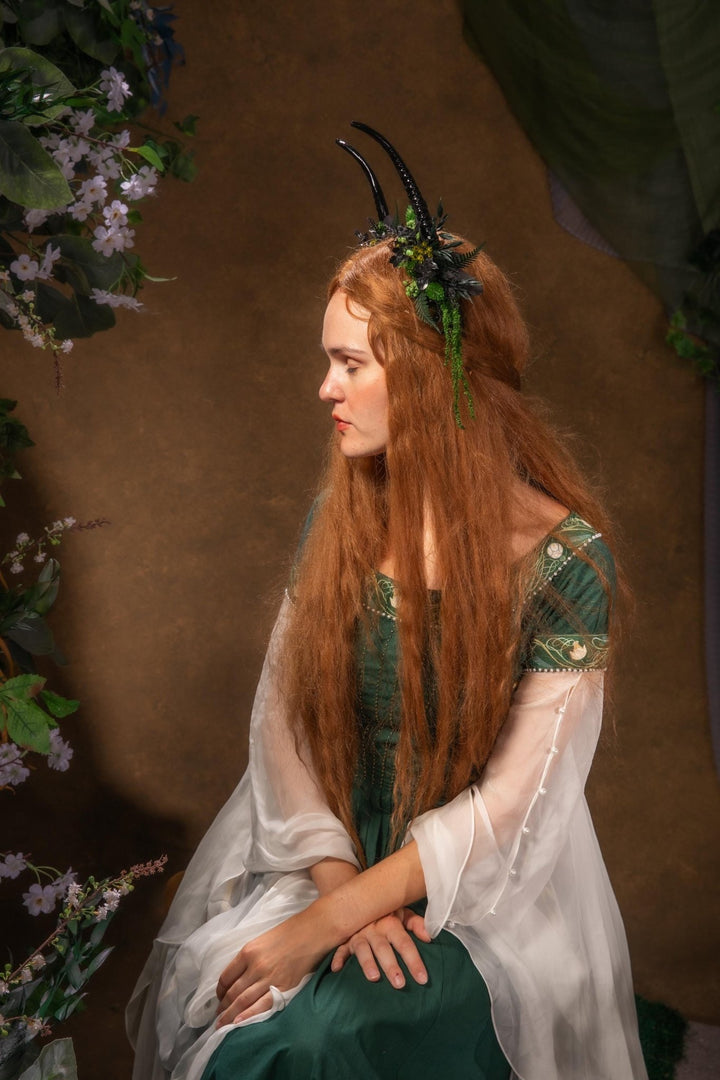 Black Horns Crown: Fern & Woodland Headpiece - Pagan Wicca Samhain – handmade floral hair accessory by magaela