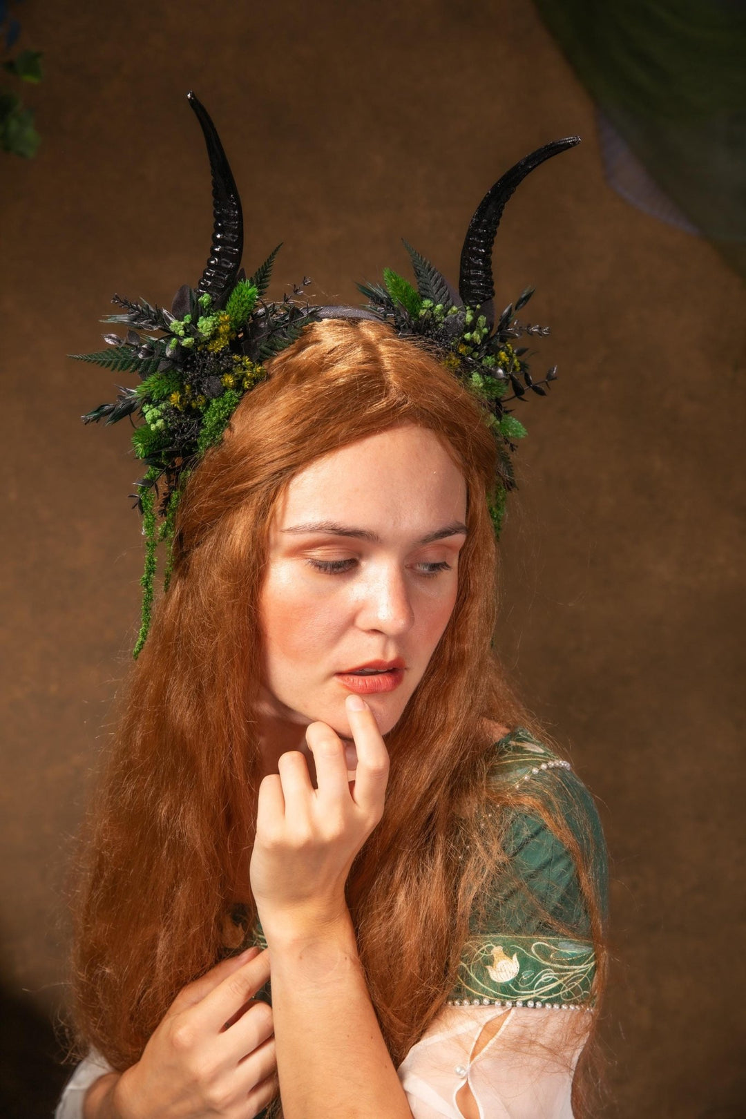 Black Horns Crown: Fern & Woodland Headpiece - Pagan Wicca Samhain – handmade floral hair accessory by magaela