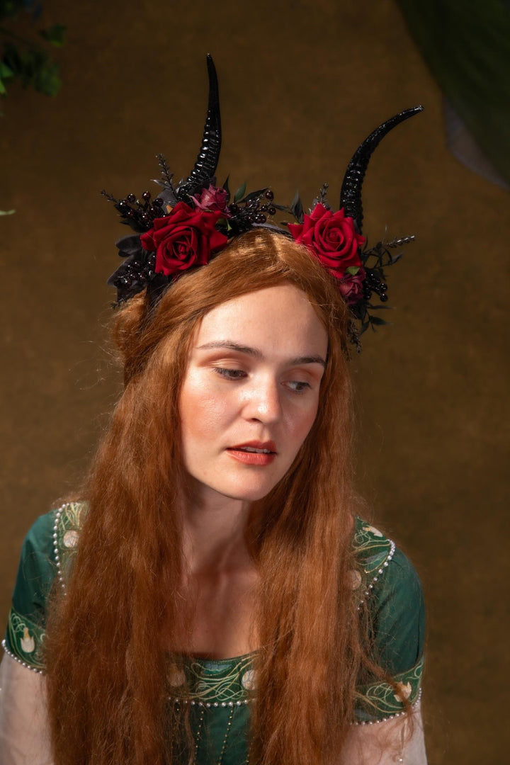 Red Rose & Black Horns Crown: Gothic Pagan Headpiece – handmade floral hair accessory by magaela