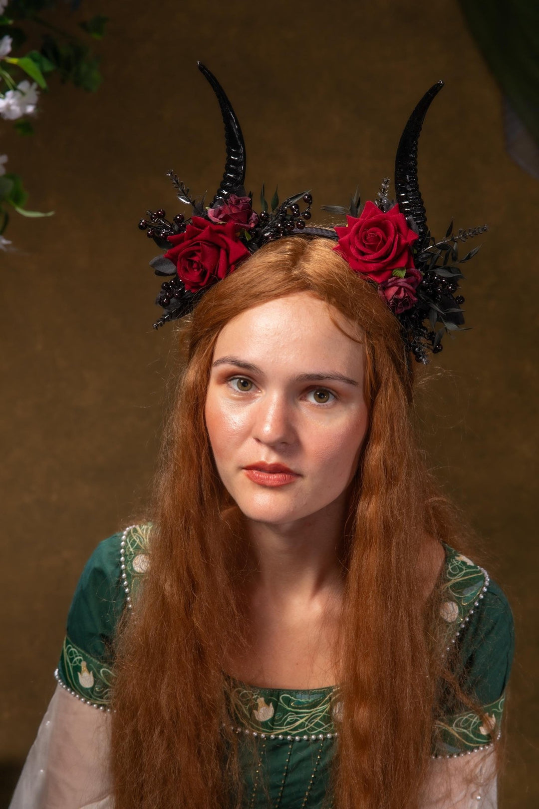 Red Rose & Black Horns Crown: Gothic Pagan Headpiece – handmade floral hair accessory by magaela