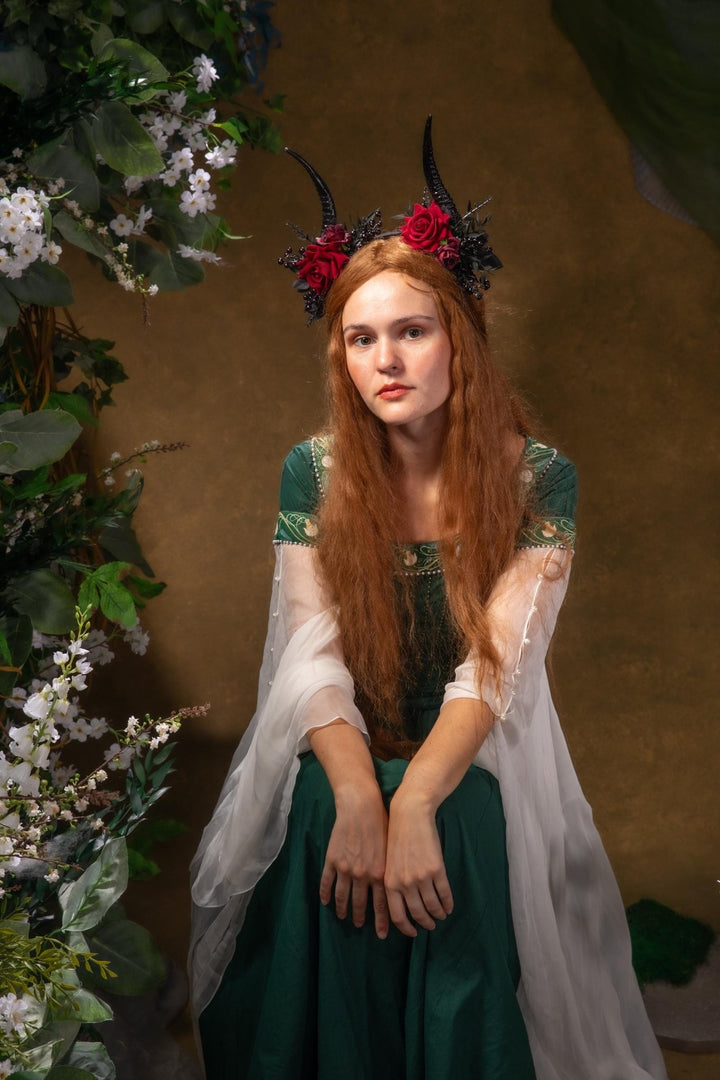 Red Rose & Black Horns Crown: Gothic Pagan Headpiece – handmade floral hair accessory by magaela