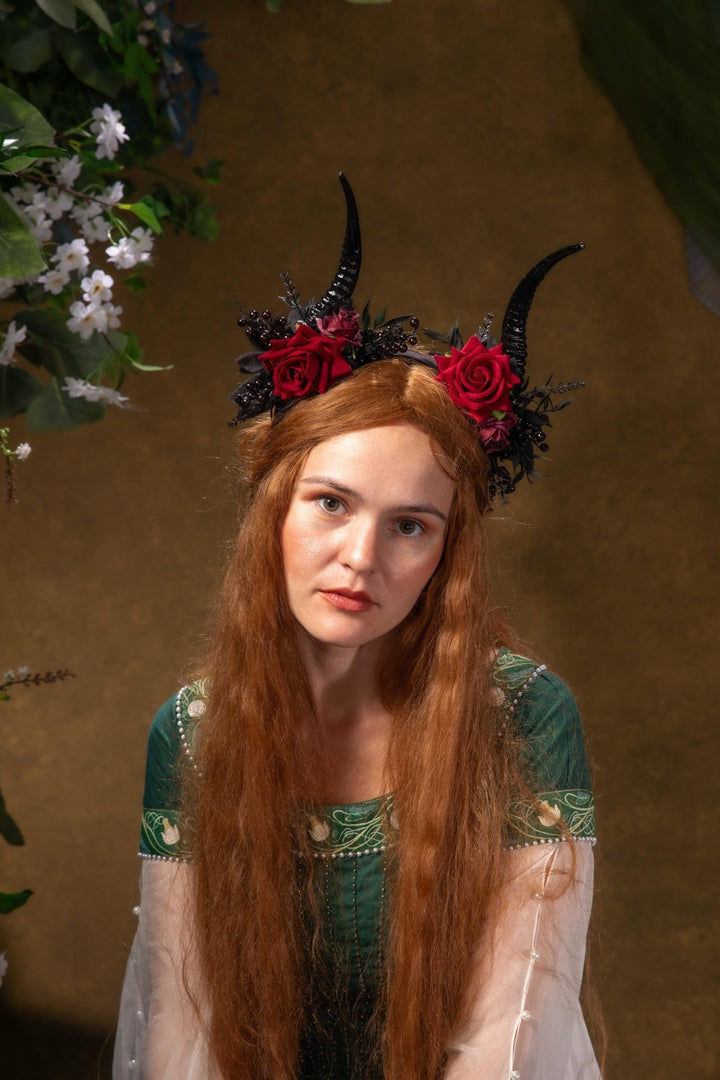 Red Rose & Black Horns Crown: Gothic Pagan Headpiece – handmade floral hair accessory by magaela