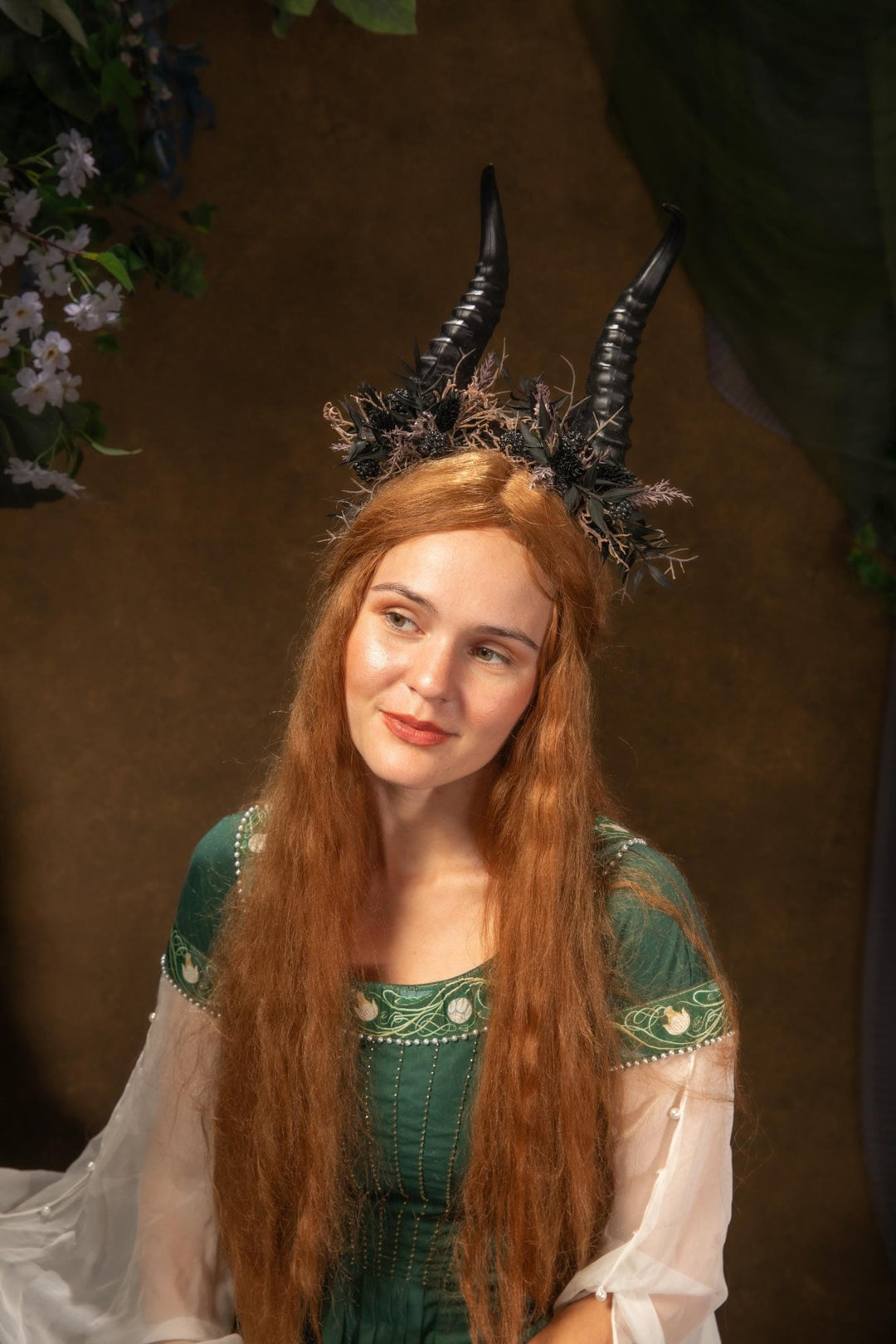 Blackberry Horned Crown: Gothic Flower Witch Headpiece – handmade floral hair accessory by magaela