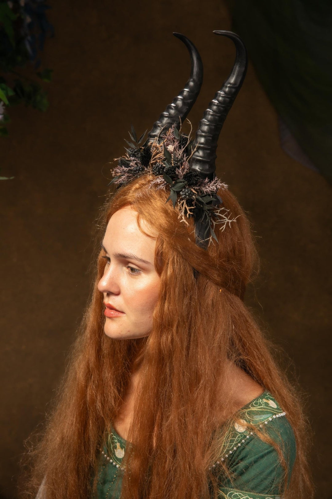 Blackberry Horned Crown: Gothic Flower Witch Headpiece – handmade floral hair accessory by magaela