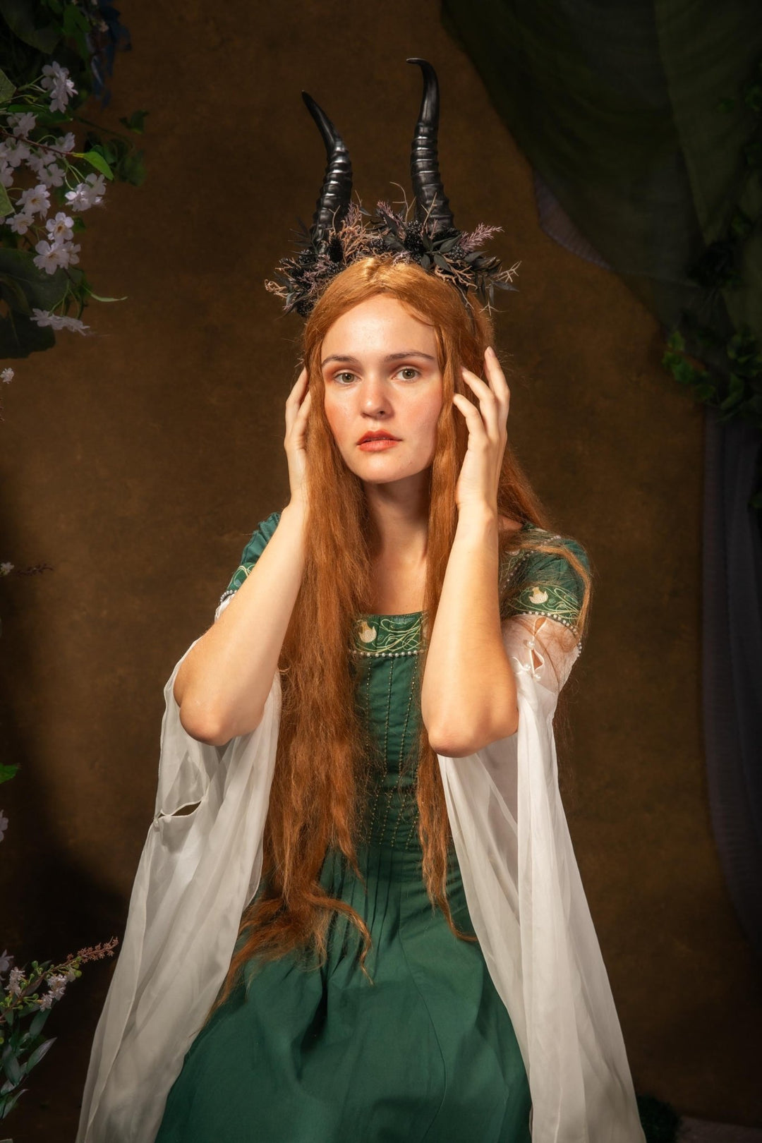 Blackberry Horned Crown: Gothic Flower Witch Headpiece – handmade floral hair accessory by magaela