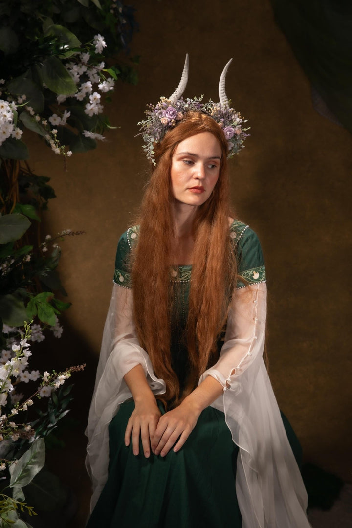 Fantasy Flower Crown with White Horns: Pagan Headpiece – handmade floral hair accessory by magaela