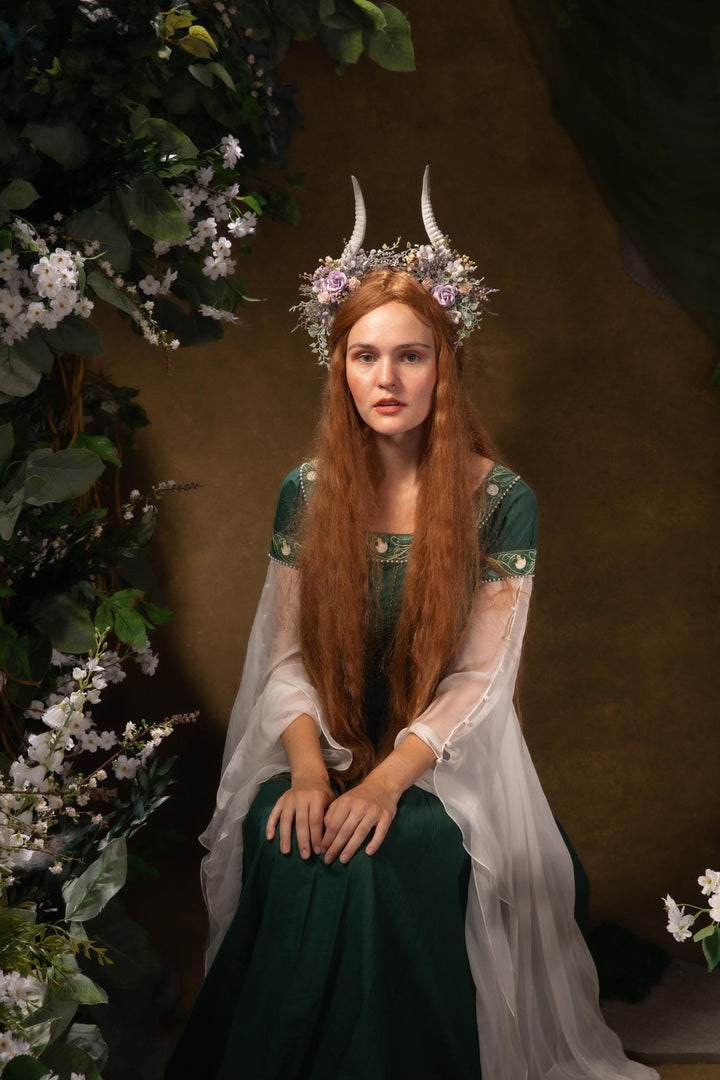 Fantasy Flower Crown with White Horns: Pagan Headpiece – handmade floral hair accessory by magaela