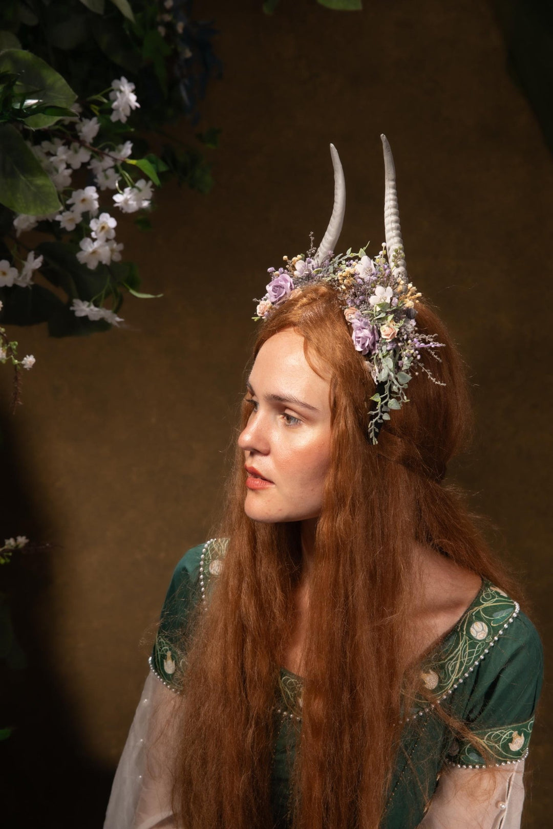 Fantasy Flower Crown with White Horns: Pagan Headpiece – handmade floral hair accessory by magaela