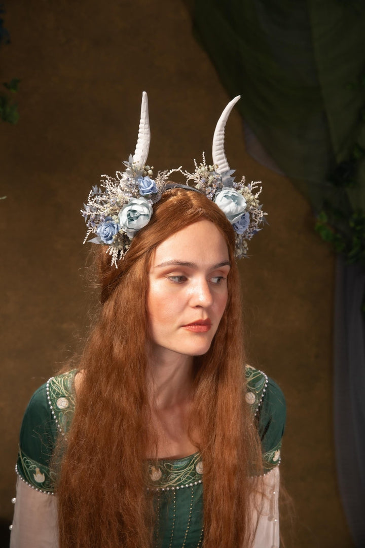 Blue Flower Crown with White Horns: Romantic Floral Headpiece – handmade floral hair accessory by magaela