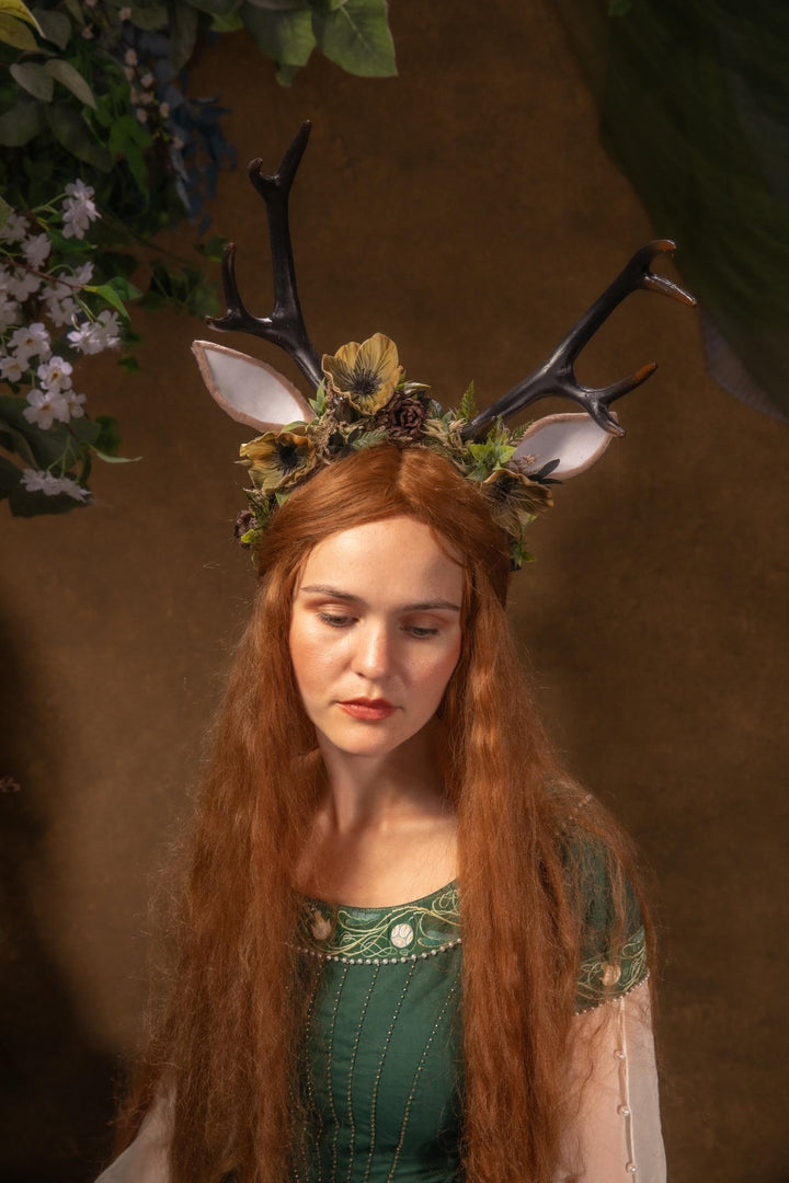 Fairytale Deer Antler Crown: Anemone Flower Headpiece, Pagan Fest Cosplay – handmade floral hair accessory by magaela