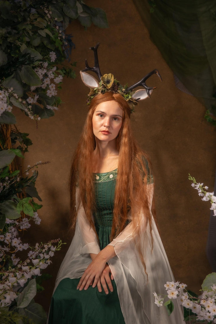 Fairytale Deer Antler Crown: Anemone Flower Headpiece, Pagan Fest Cosplay – handmade floral hair accessory by magaela
