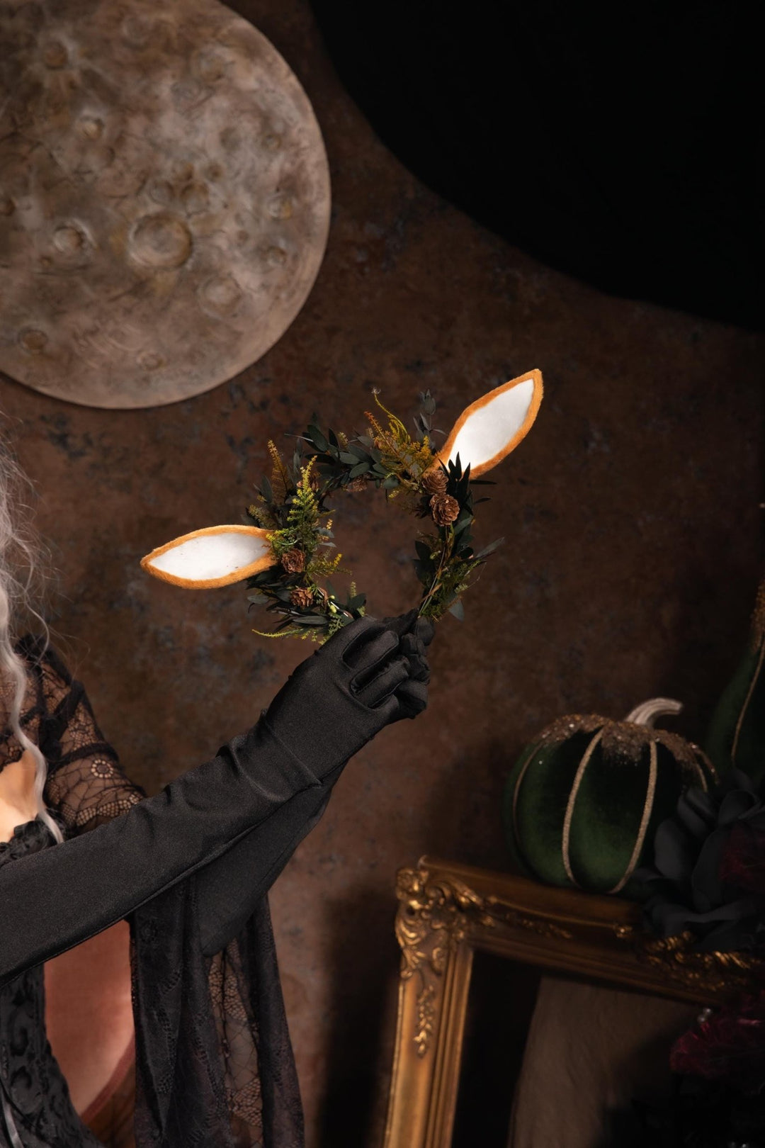 Woodland Fairy Crown: Pine Cone & Deer Ear Headband – handmade floral hair accessory by magaela