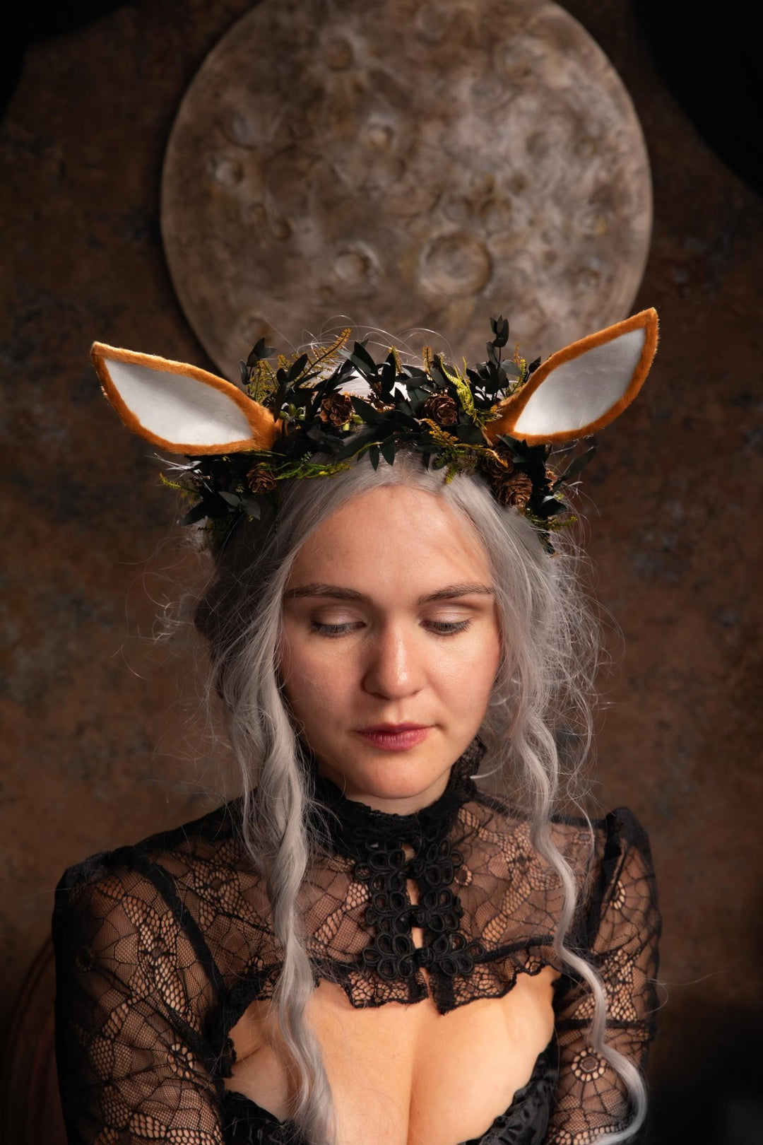 Woodland Fairy Crown: Pine Cone & Deer Ear Headband – handmade floral hair accessory by magaela