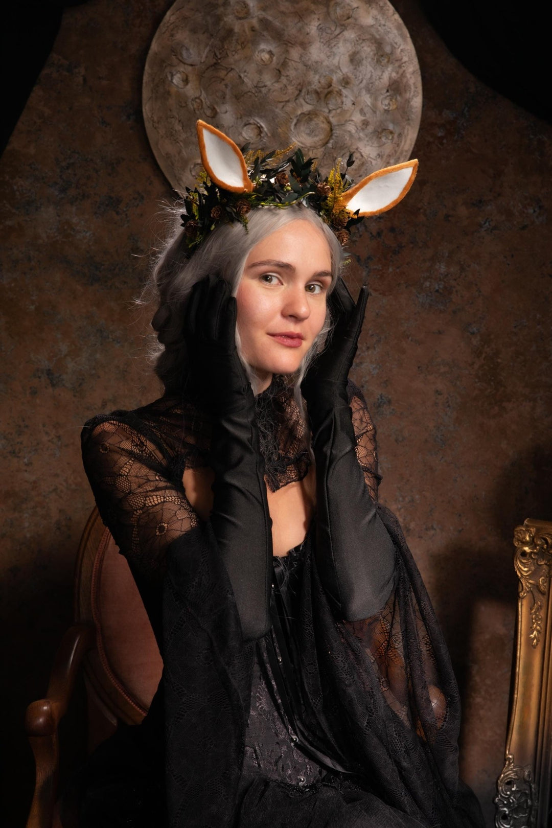 Woodland Fairy Crown: Pine Cone & Deer Ear Headband – handmade floral hair accessory by magaela