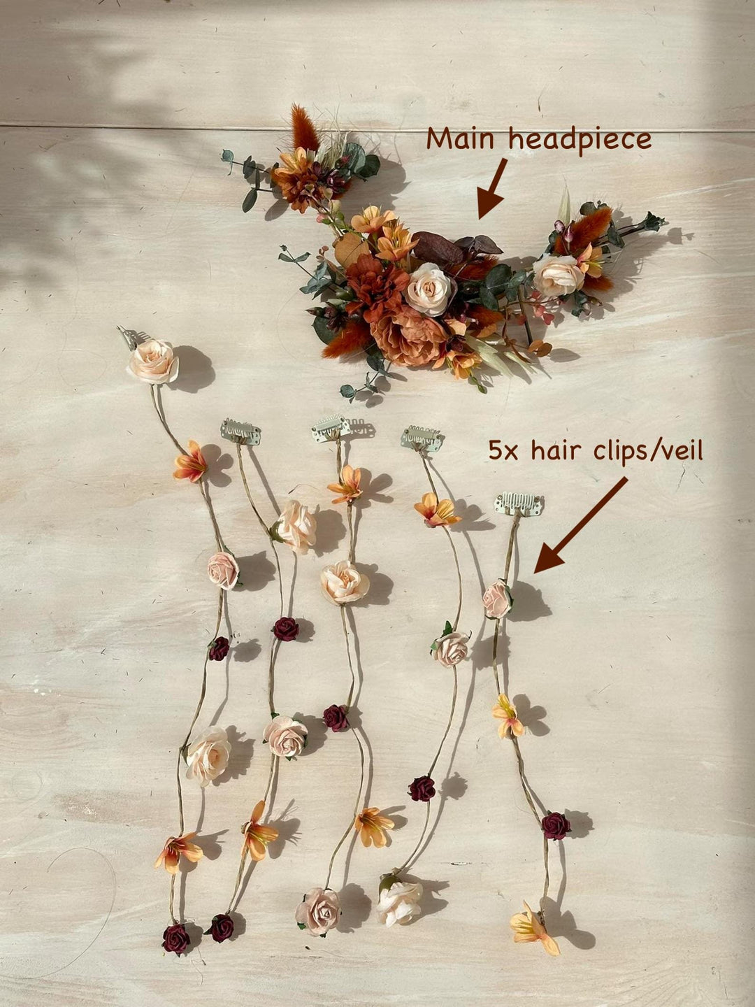 Rustic Wedding Hair Vine with Veil – Boho Bridal Hairpiece | Autumn Bridal Headpiece | Flower Vine for Outdoor Weddings – handmade floral hair accessory by magaela