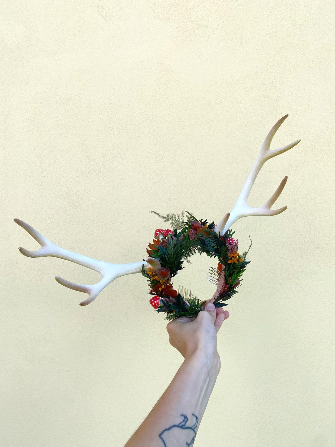 Mushroom Antler Headpiece: Woodland Fairycore Crown – handmade floral hair accessory by magaela