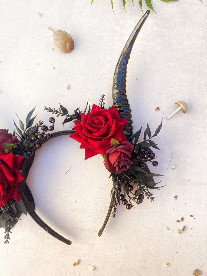 Red Rose & Black Horns Crown: Gothic Pagan Headpiece – handmade floral hair accessory by magaela