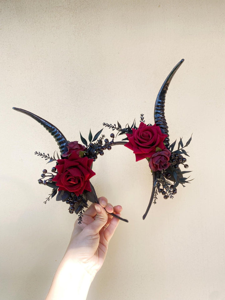 Red Rose & Black Horns Crown: Gothic Pagan Headpiece – handmade floral hair accessory by magaela