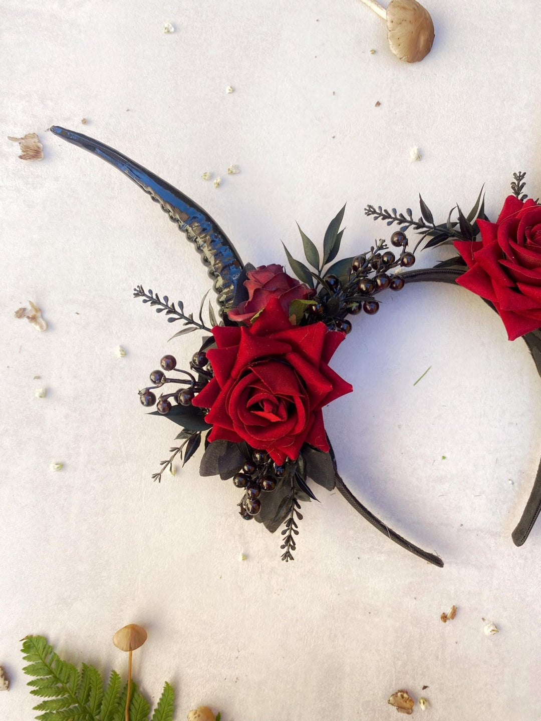 Red Rose & Black Horns Crown: Gothic Pagan Headpiece – handmade floral hair accessory by magaela