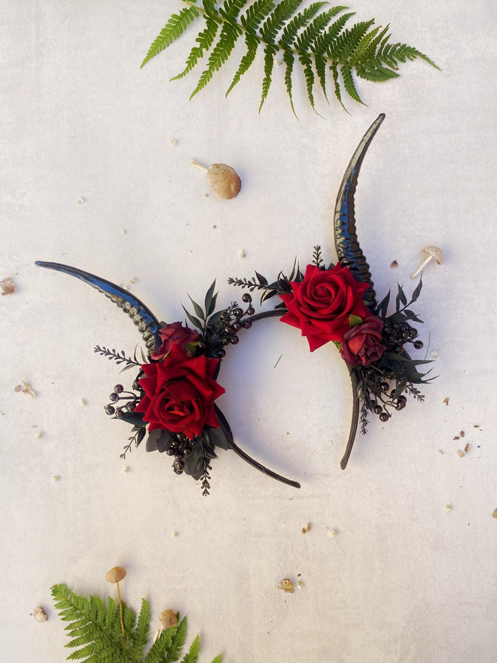 Red Rose & Black Horns Crown: Gothic Pagan Headpiece – handmade floral hair accessory by magaela