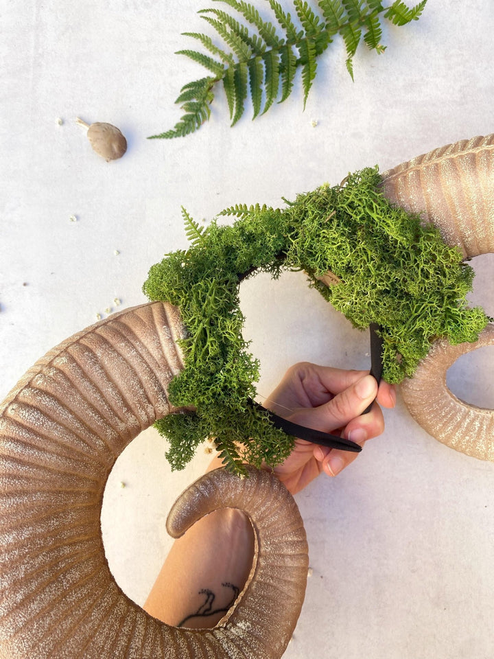 Greenery Witch Headband: Ram Horns Crown - Fairycore Pagan Cosplay – handmade floral hair accessory by magaela