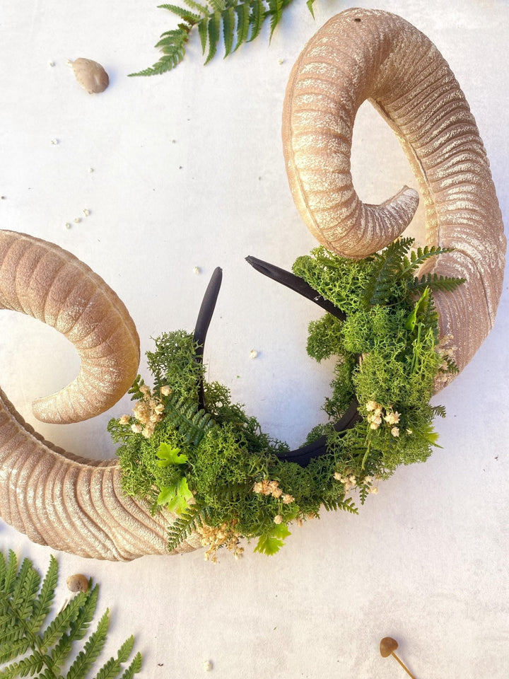 Greenery Witch Headband: Ram Horns Crown - Fairycore Pagan Cosplay – handmade floral hair accessory by magaela