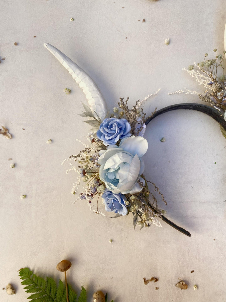 Blue Flower Crown with White Horns: Romantic Floral Headpiece – handmade floral hair accessory by magaela