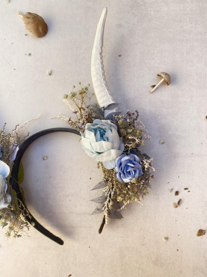 Blue Flower Crown with White Horns: Romantic Floral Headpiece – handmade floral hair accessory by magaela