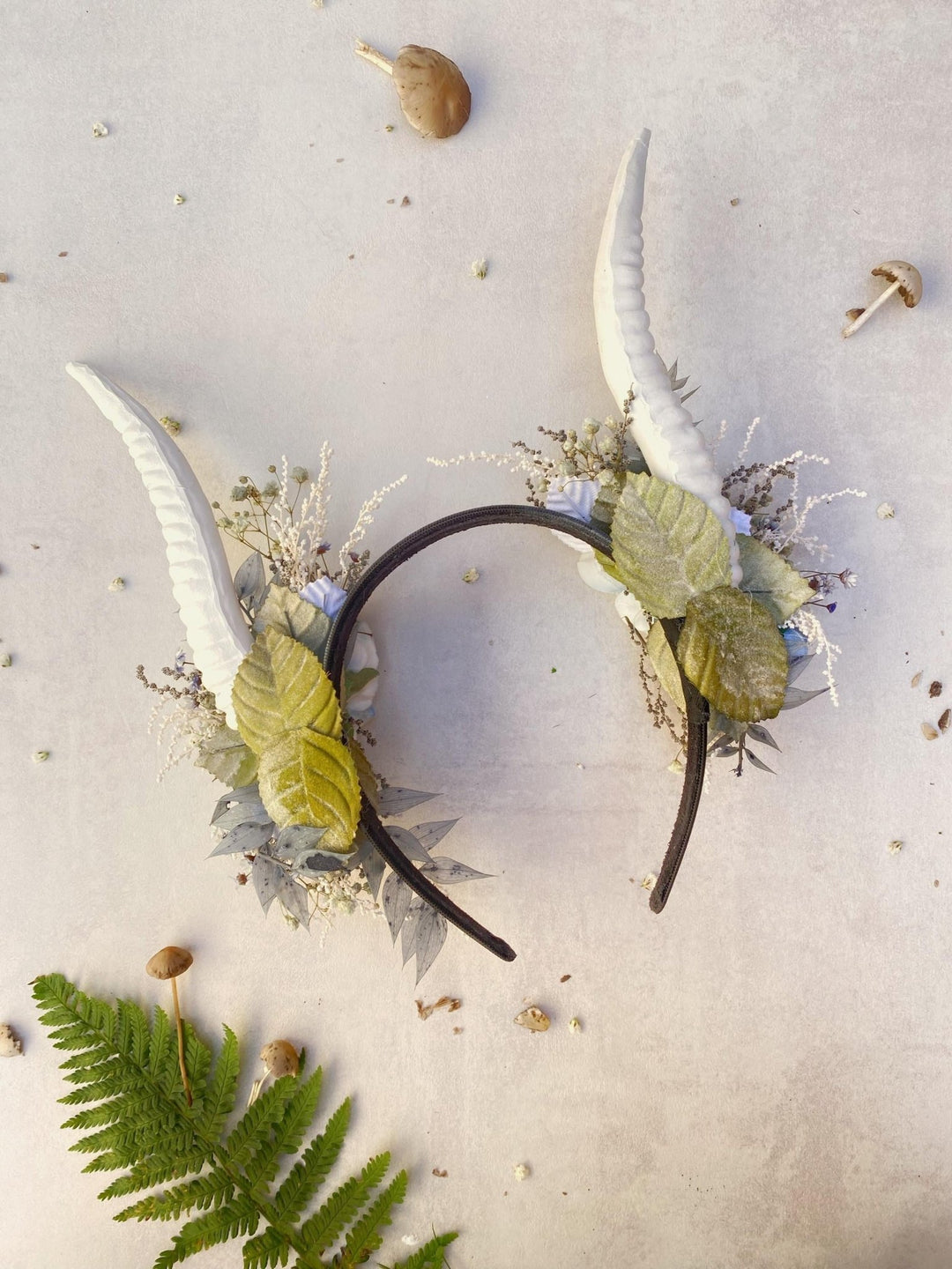 Blue Flower Crown with White Horns: Romantic Floral Headpiece – handmade floral hair accessory by magaela